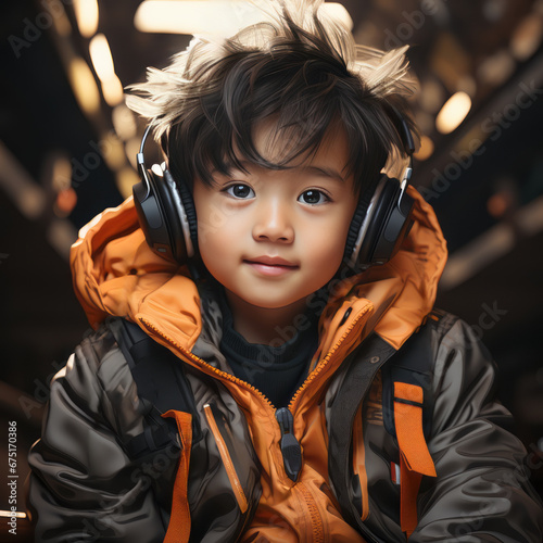Happy Smiling Asian boy is travelling to school seating in school bus. Listening music with positive mood. Subway transport. Copy space. Ai generative