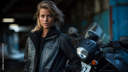 portrait of a young woman delivery on motorcycle. Portrait of a beautiful girl on a motorcycle, bucker, sports motocross, luxury style, glamour photo