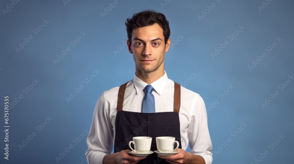 Portrait of a young barista man. Selling smile and coffee. Ai generative Portrait of a young barista man. Selling smile and coffee. Ai generative