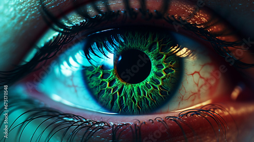 Close-up of an eye with a colored neon pupil.