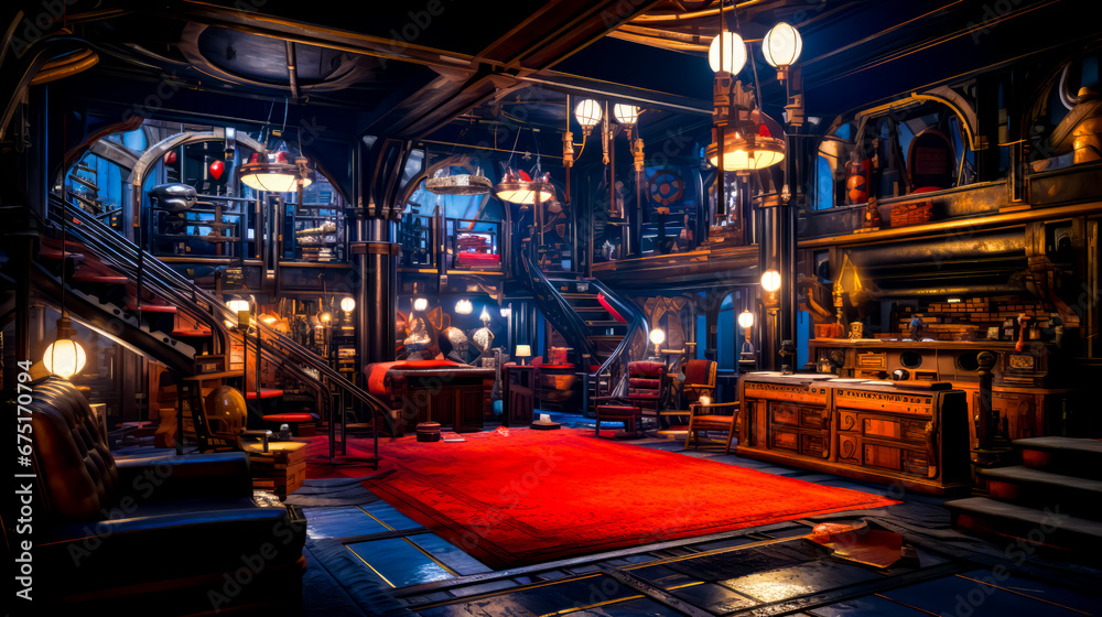 Room filled with lots of furniture and red rug on top of floor. Room filled with lots of furniture and red rug on top of floor.