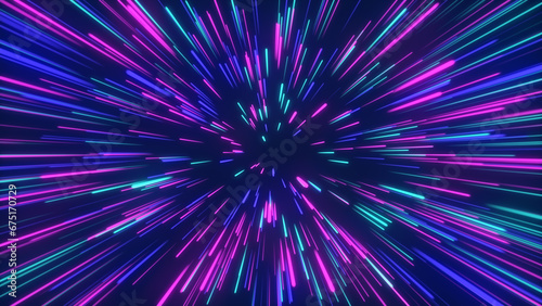 Abstract space travel in purple and blue neon glow colors