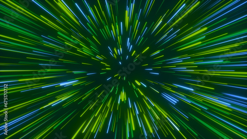Abstract space travel in Green and Blue neon glow colors