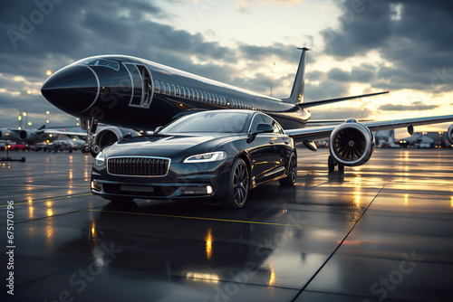private plane business jet and luxury black car at airport