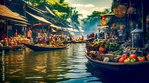 Group of boats floating down river filled with lots of fruit and vegetables. © Констянтин Батыльчук