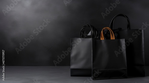 Black shopping bags on dark festive background banner