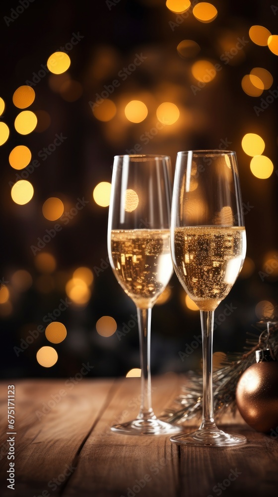 Champagne glasses on bright bokeh festive background banner Champagne glasses on bright bokeh festive background banner