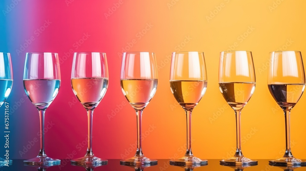 Champagne glasses on bright vivid colored festive background banner