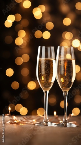 Champagne glasses on bright bokeh festive background banner