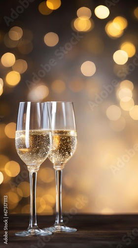 Champagne glasses on bright bokeh festive background banner