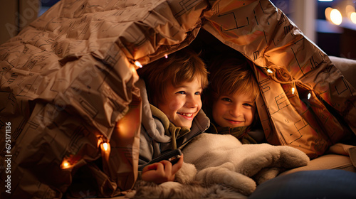 Children play at home in a self-made tent house