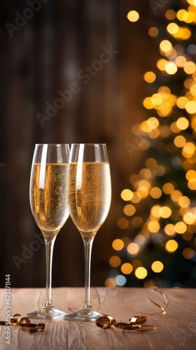 Champagne glasses on bright bokeh festive background banner