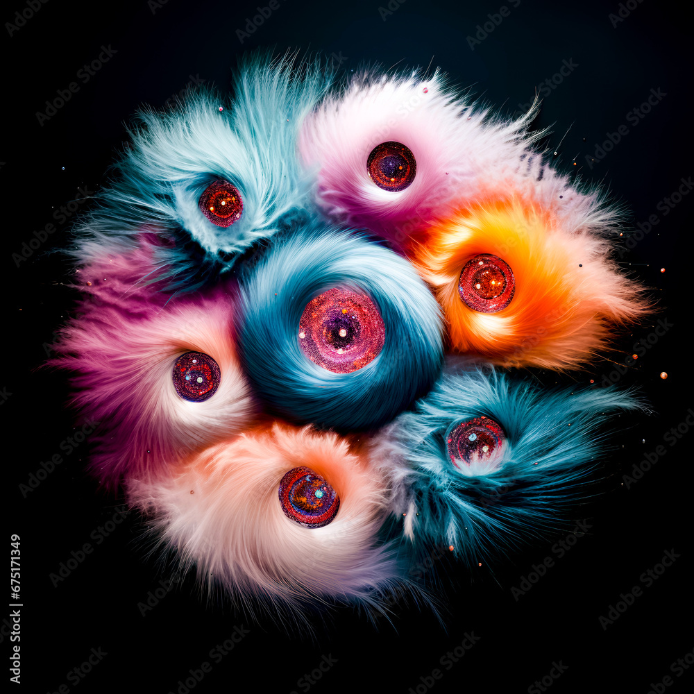 Group of colorful feathers sitting on top of black surface with stars in the background. Group of colorful feathers sitting on top of black surface with stars in the background.