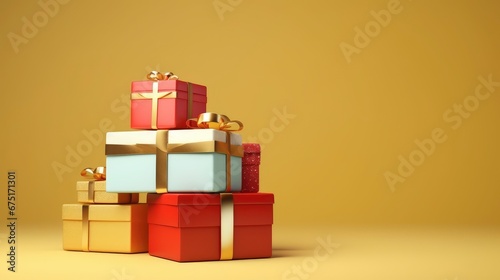 Christmas gift boxes filled on bright colored festive background banner