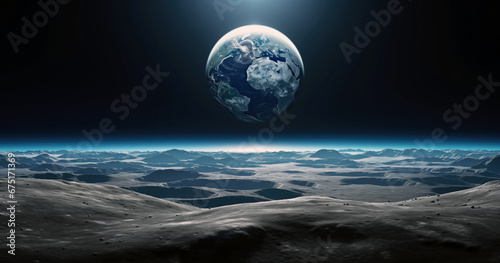 Earth and moon. View of the planet earth from moon space during at night. High quality photo