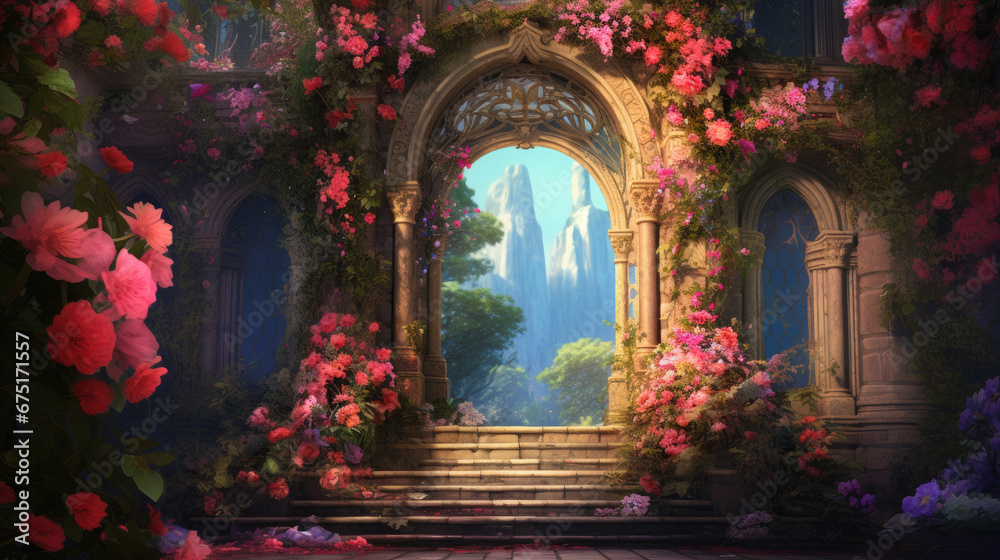 Secret Fairytale Garden: Digital Painting of Flower Arches and Vibrant Greenery