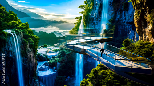 Man standing on bridge over waterfall with waterfall in the background.