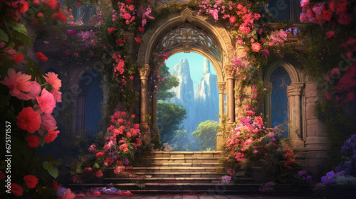 Secret Fairytale Garden  Digital Painting of Flower Arches and Vibrant Greenery