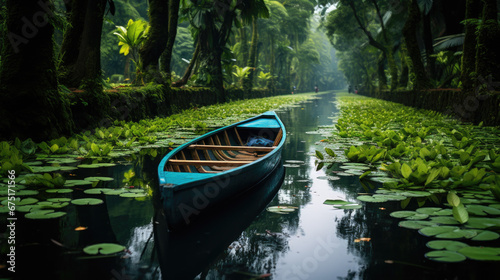 An empty boat on a river in a jungle photo