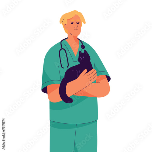 Professional veterinarian holds cute black cat. Vet doctor care about animals health. Domestic pets hospital service. Veterinary business. Flat isolated vector illustration on white background
