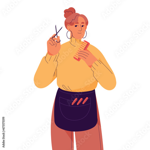 Hairdresser, hairstylist care about hair. Barber in apron standing. Woman hold work tool for haircut: comb, scissors. Hairstyle service, business. Flat isolated vector illustration on white background