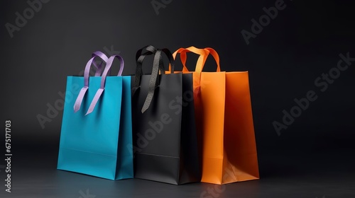 Vivid colored shopping bags filled with purchases on black background