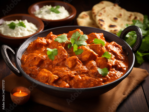 Tasty butter chicken curry dish from Indian cuisine. Hot spicy chicken tikka masala in bowl. Chicken curry with rice, indian naan butter bread, spices, herbs.