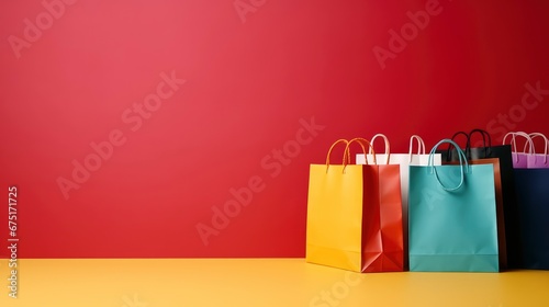 Vivid colored shopping bags filled with purchases on bright background