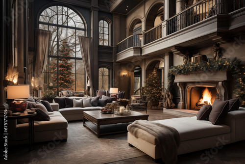 Luxury Christmas living room, winter mansion, cozy evening, Christmas tree, toned colors,  © ukasz