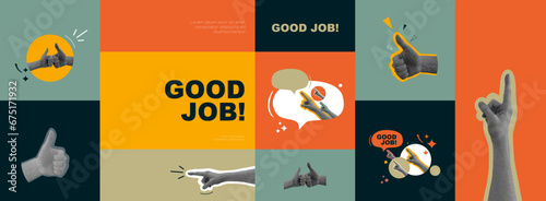 Modern set of colour cards. Pointing hands, thumbs up. Good job!