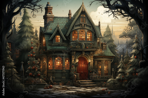 Vintage Christmas illustration, cozy home, old house, big Christmas tree, moody evening, winter scenery