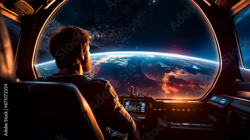 Man is sitting in space station looking at the earth and stars. photo