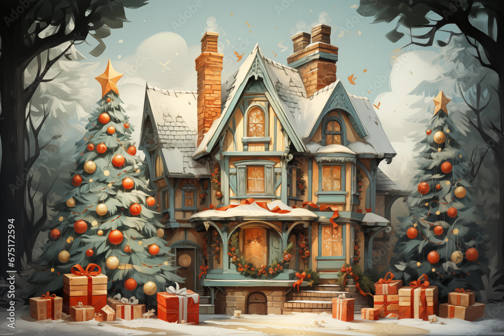 Vintage Christmas illustration, cozy home, old house, big Christmas tree, moody evening, winter scenery
