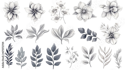 Set of tiny wildflowers and plants line art vector botanical illustrations. Trend hand-drawn black ink sketches collection, png © Web