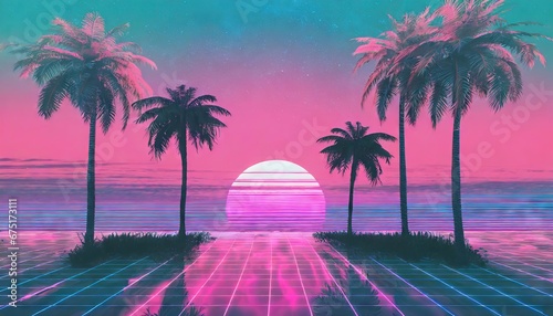 Outrun Synthwave style - 1990s retro aesthetic with palm trees and tropical sunset in pink and blue photo