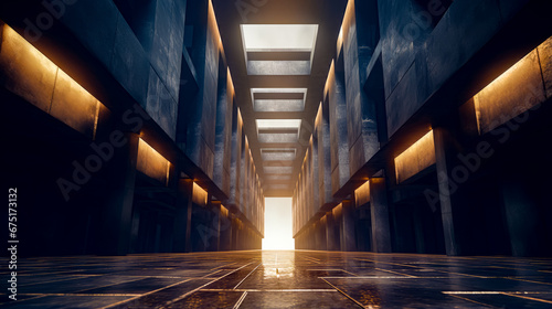 Empty hallway with bright light at the end of the tunnel 3d rendering.