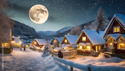 Generative AI 3D rendered winter snow scene cold and serene new for winter 2023. Santa's Village in the North Pole with a full moon over it at night. Beautiful and scenic idyllic Christmas village © Brian