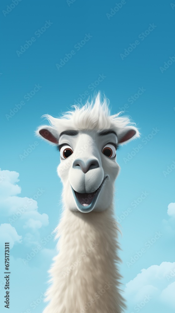 Funny blue wallpaper for telephone, screen, 9:16 happy lama's head, background for instagram stories