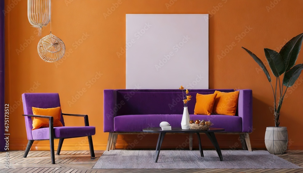 Fototapeta premium Modern orange and purple interior design wall mockup with copy space