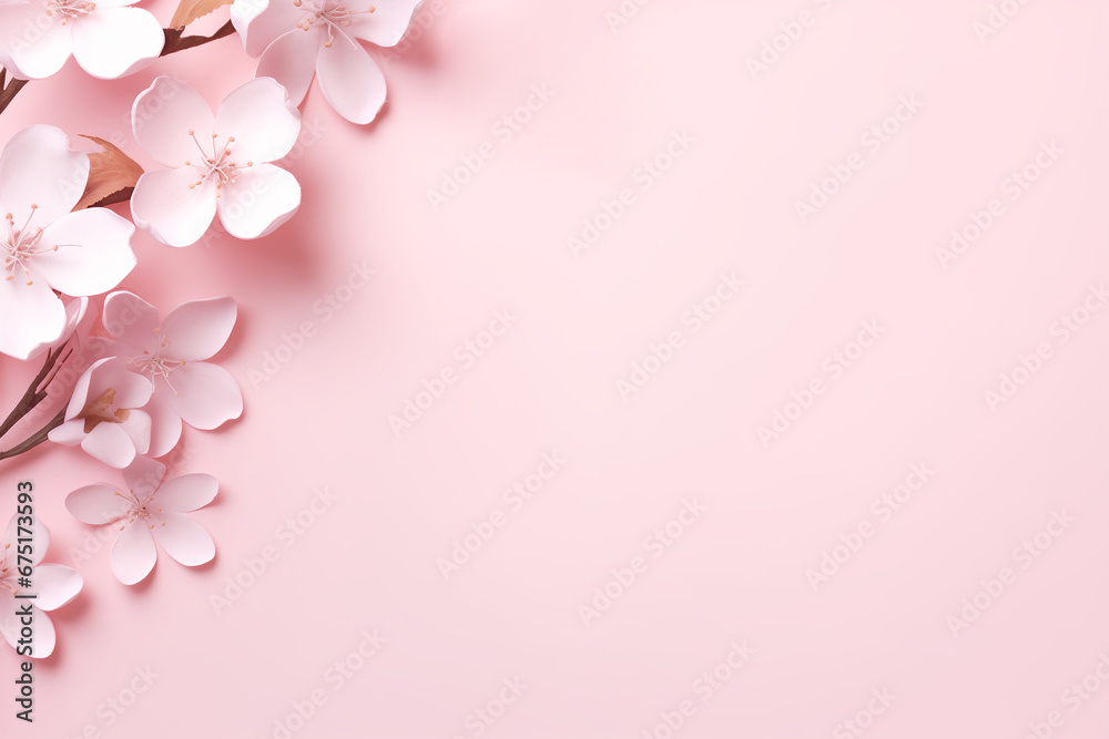 Elegant Floral Banner: Wedding, Mothers, and Women's Day Greeting Card on a Soft Pink Background. A Springtime Composition with Ample Copy Space in a Flat Lay Style