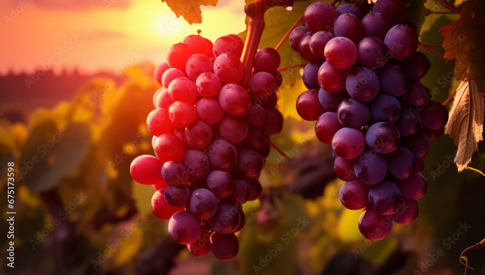 Delicious and Refreshing Grapes on Grapevines, Beautiful grapes on a vine against the setting sun