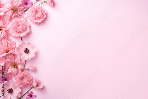 Elegant Floral Banner  Wedding  Mothers  and Women s Day Greeting Card on a Soft Pink Background. A Springtime Composition with Ample Copy Space in a Flat Lay Style