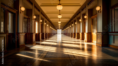 Long hallway with lot of light coming in from the windows and lamps on the ceiling.