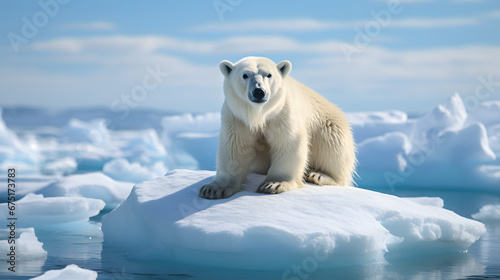 A polar bear on a shrinking ice floe, with the vast open ocean as the background context, during the Arctic's summer ice melt
