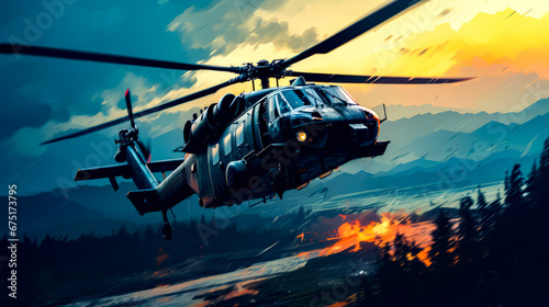 Painting of helicopter flying over fire filled mountain range at sunset.