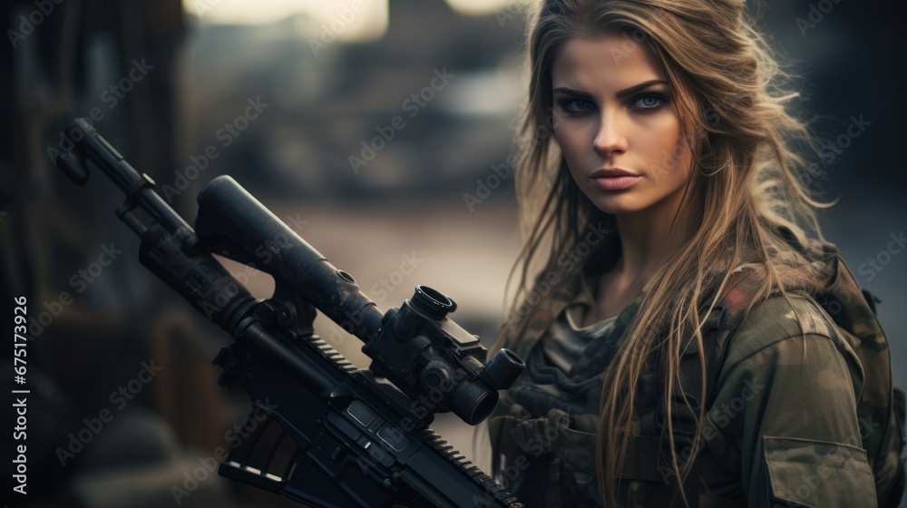 A girl on a military blurred background