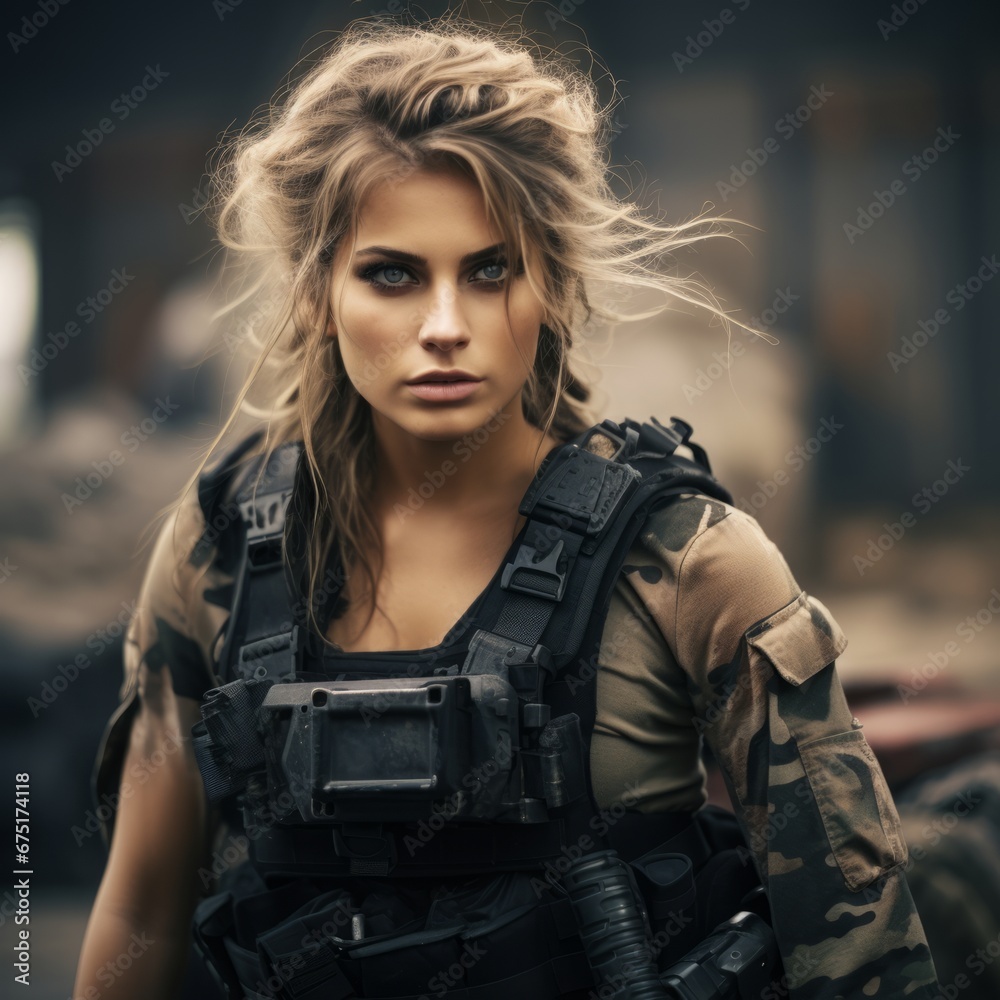 A girl on a military blurred background A girl on a military blurred background
