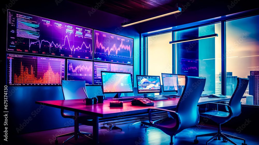 Room with multiple computer screens and desk with laptop on it. Room with multiple computer screens and desk with laptop on it.