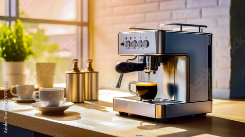 Espresso machine with cup of coffee in front of it.