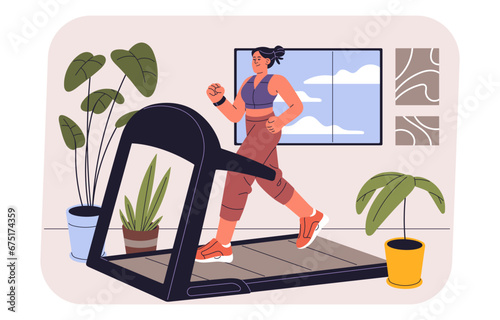 Woman running in gym, girl jogging indoor. Runner do home exercises, fitness. Jogger in sportswear walk on treadmill. Female watching her figure, keep its body, health. Sport flat vector illustration